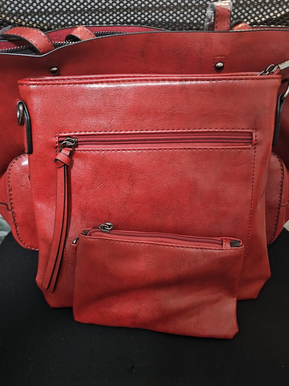 NWOT - Gorgeous 3 Pc Women's Red Faux Leather Tote, Crossbody, Coin Purse Set